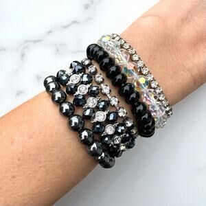 Vintage Rhinestone Black Glass Bracelet Stack Stretch AB Crystal Jewelry Lot